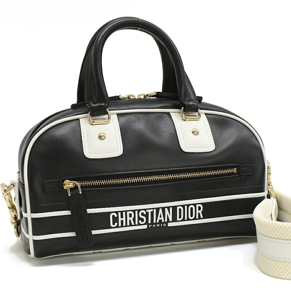 Christian Dior Vibe Bowling Handbag Leather Black White